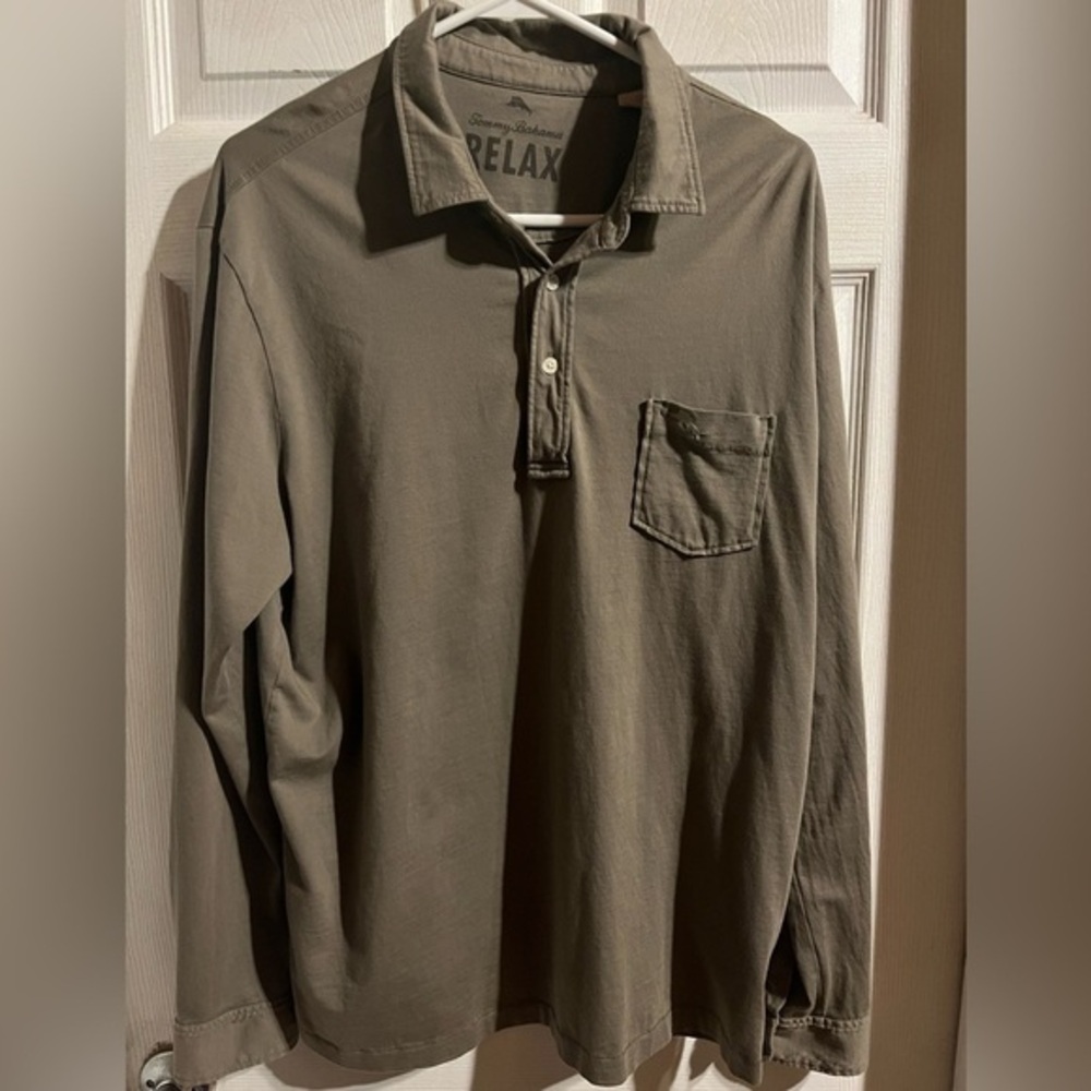 Tommy Bahama Olive Green Long Sleeve Pullover Polo Men’s Size Large 100% Cotton